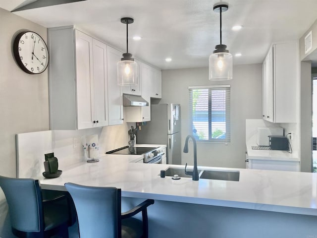 kitchen featuring stainless steel range with electric cooktop, a sink, light countertops, white cabinets, and under cabinet range hood
