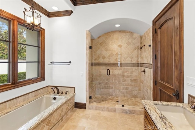 18441 Calle Tramonto, Rancho Santa Fe, CA 92091 - full bath featuring a bath, a stall shower, vanity, ornamental molding, and tile patterned floors