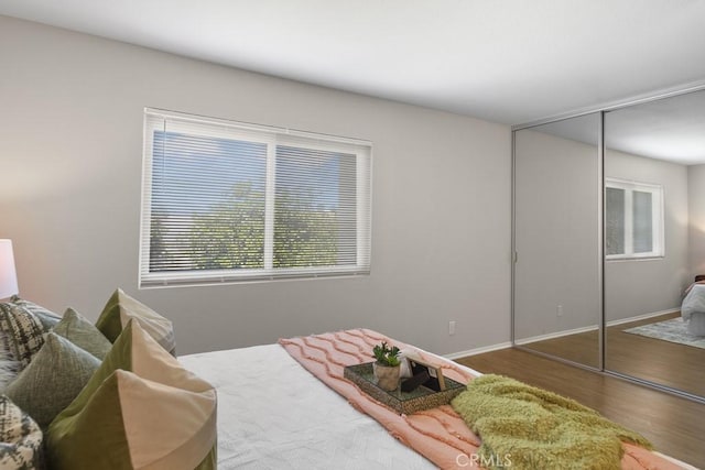 bedroom featuring baseboards, wood finished floors, and a closet