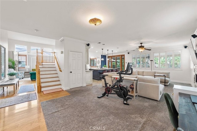 workout room featuring a ceiling fan, baseboards, and light wood-style flooring