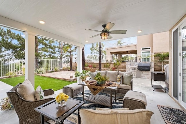534 S Laureltree Dr, Anaheim Hills, CA 92808 - view of patio / terrace featuring outdoor lounge area, a fenced backyard, ceiling fan, and grilling area