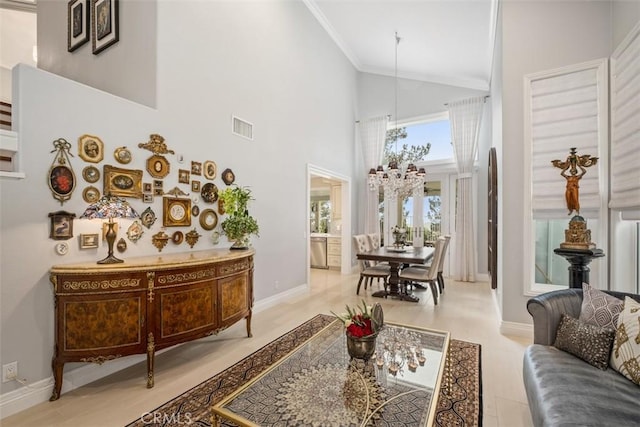 534 S Laureltree Dr, Anaheim Hills, CA 92808 - living room with high vaulted ceiling, a chandelier, baseboards, and crown molding
