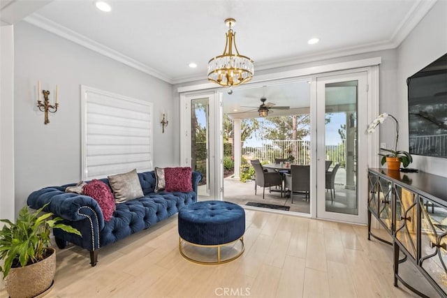 534 S Laureltree Dr, Anaheim Hills, CA 92808 - living room with a ceiling fan, wood finished floors, a chandelier, ornamental molding, and recessed lighting