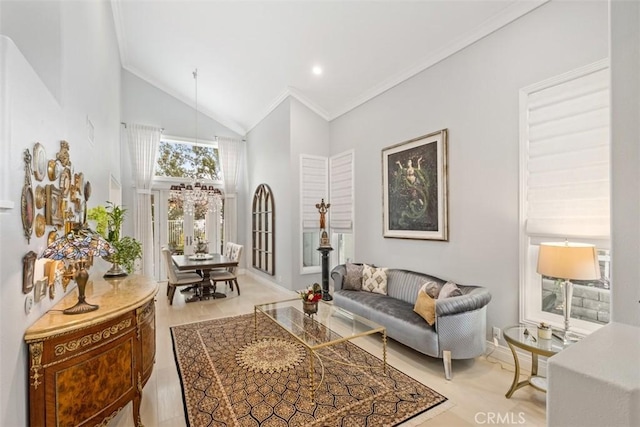 534 S Laureltree Dr, Anaheim Hills, CA 92808 - living room with high vaulted ceiling, ornamental molding, and baseboards