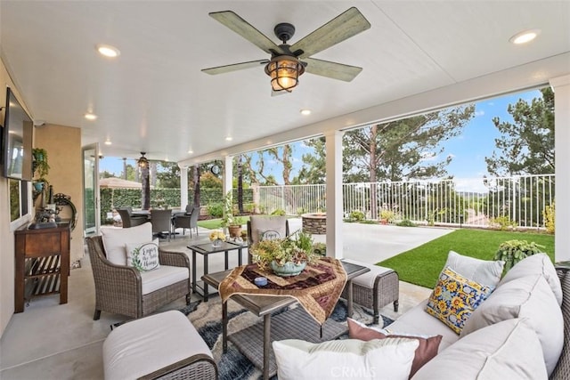 534 S Laureltree Dr, Anaheim Hills, CA 92808 - view of patio / terrace featuring an outdoor living space, a fenced backyard, ceiling fan, and outdoor dining area