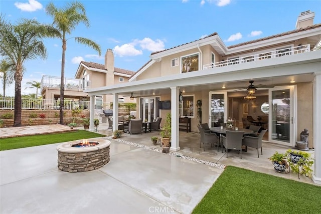534 S Laureltree Dr, Anaheim Hills, CA 92808 - rear view of property with an outdoor fire pit, a ceiling fan, a patio, and fence