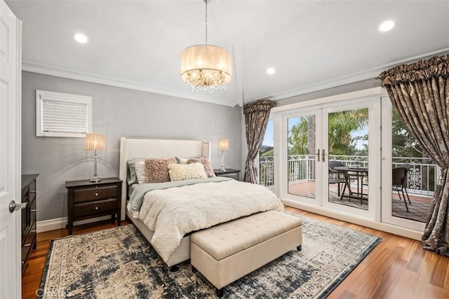 534 S Laureltree Dr, Anaheim Hills, CA 92808 - bedroom with access to outside, crown molding, a chandelier, recessed lighting, and wood finished floors