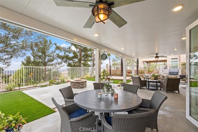 534 S Laureltree Dr, Anaheim Hills, CA 92808 - view of patio / terrace with ceiling fan, a fenced backyard, an outdoor hangout area, and outdoor dining area