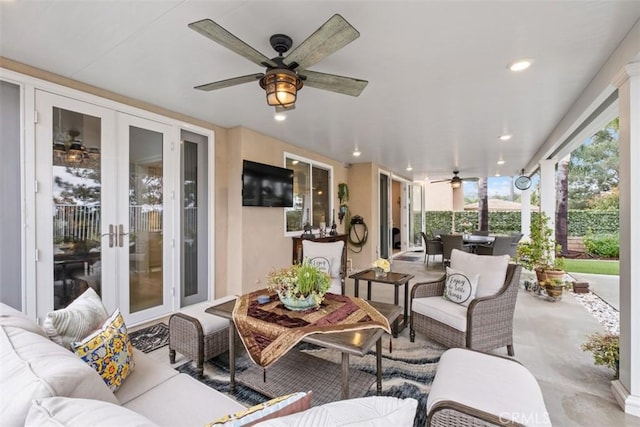 534 S Laureltree Dr, Anaheim Hills, CA 92808 - view of patio featuring a ceiling fan, an outdoor hangout area, and french doors