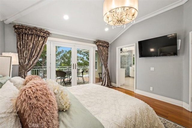 534 S Laureltree Dr, Anaheim Hills, CA 92808 - bedroom featuring a chandelier, crown molding, access to exterior, french doors, and wood finished floors