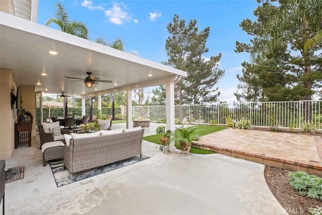 534 S Laureltree Dr, Anaheim Hills, CA 92808 - view of patio with an outdoor living space, a fenced backyard, and ceiling fan