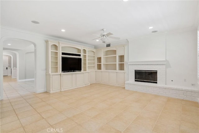 unfurnished living room with light tile patterned floors, ornamental molding, a ceiling fan, and recessed lighting