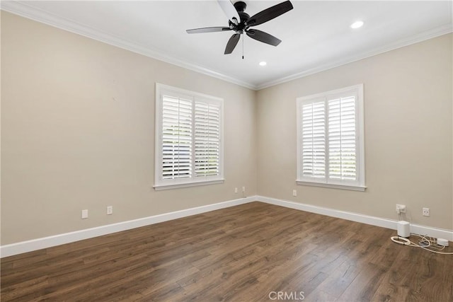 empty room with ceiling fan, dark wood finished floors, recessed lighting, baseboards, and ornamental molding