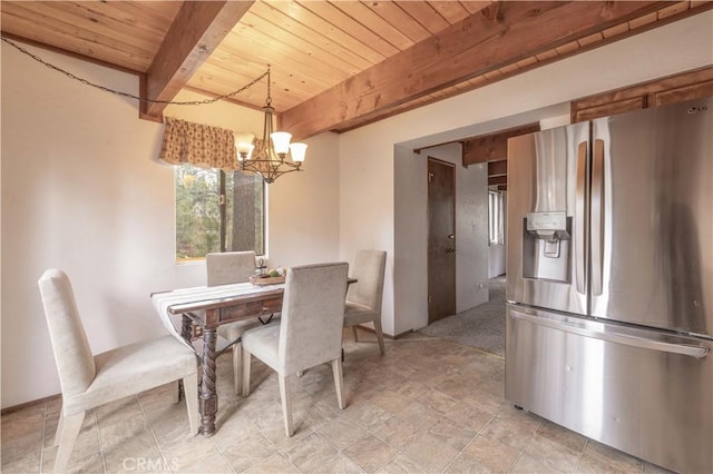dining area with an inviting chandelier, wood ceiling, and beam ceiling