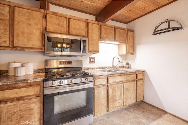 kitchen with wood ceiling, brown cabinetry, appliances with stainless steel finishes, a sink, and beamed ceiling