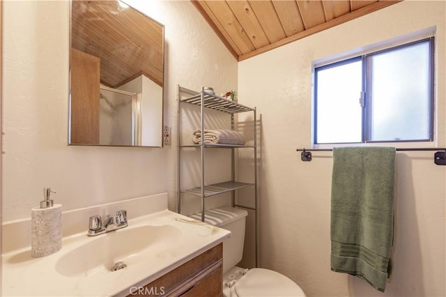 full bath with a stall shower, vanity, wooden ceiling, toilet, and a textured wall