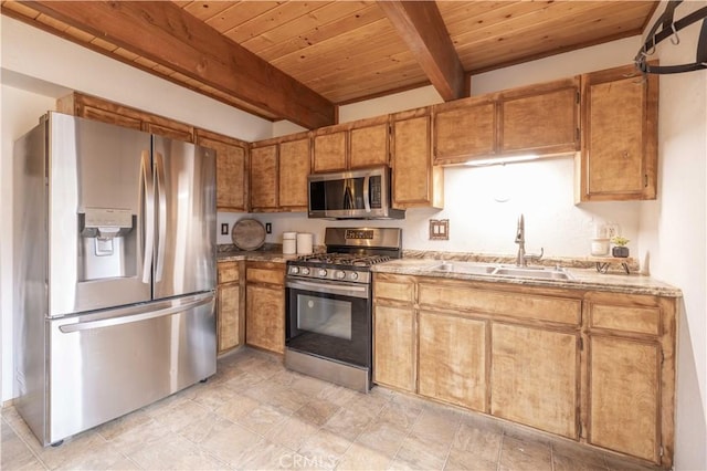 kitchen featuring beam ceiling, wood ceiling, brown cabinets, a sink, and appliances with stainless steel finishes