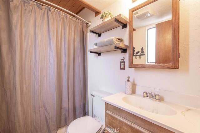 full bathroom featuring vanity, curtained shower, and toilet