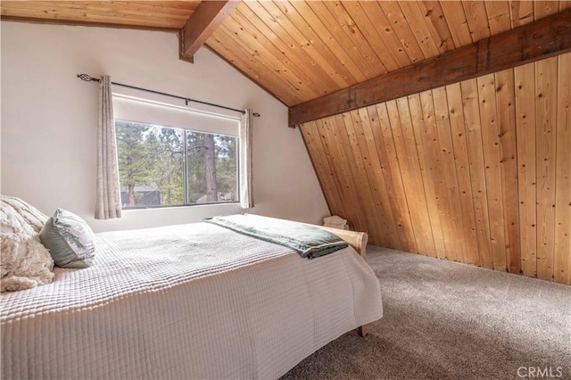 bedroom with carpet floors, wooden ceiling, and vaulted ceiling with beams