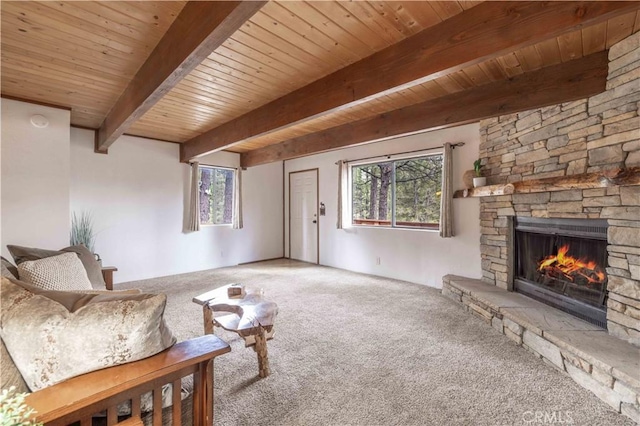 sitting room featuring carpet floors, a healthy amount of sunlight, and a stone fireplace