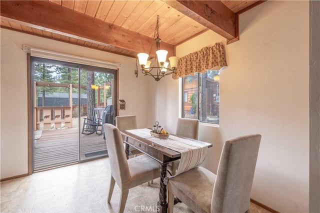 dining room featuring baseboards, a notable chandelier, wooden ceiling, and beam ceiling