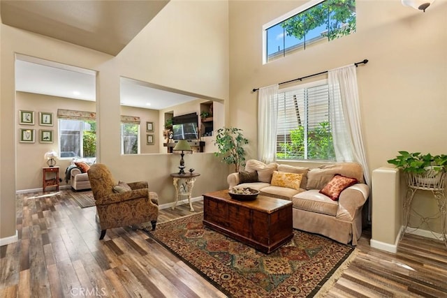 living area featuring baseboards, a towering ceiling, and wood finished floors