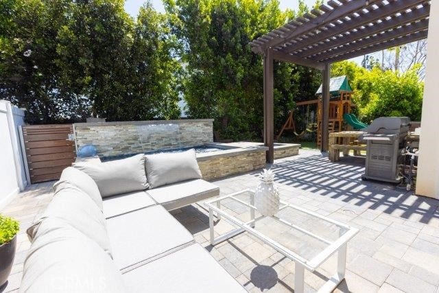 2630 Luminous Ln, Costa Mesa, CA 92626 - view of patio featuring outdoor lounge area, area for grilling, a playground, and a pergola