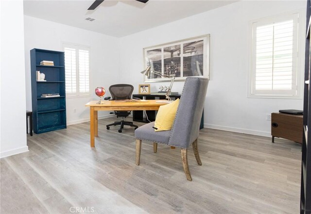 2630 Luminous Ln, Costa Mesa, CA 92626 - office with ceiling fan, light wood-type flooring, and baseboards