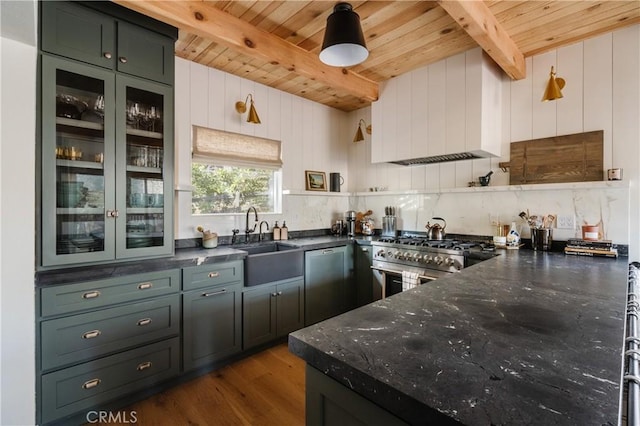 28805 N Shore Rd, Lake Arrowhead, CA 92352 - kitchen featuring beam ceiling, a sink, high end range, wooden ceiling, and dark wood-style floors
