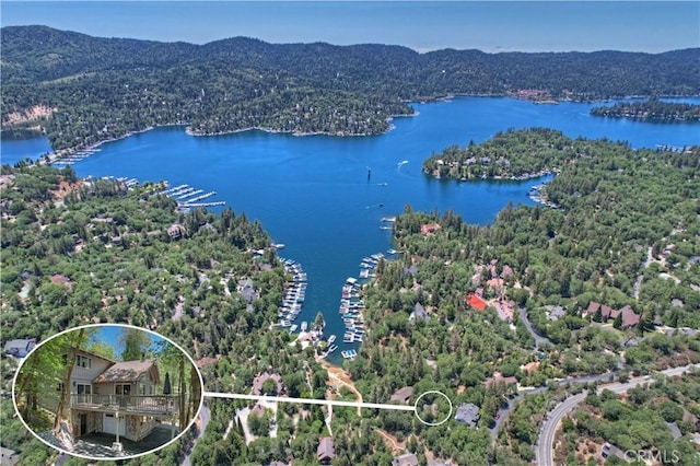 28805 N Shore Rd, Lake Arrowhead, CA 92352 - drone / aerial view featuring a water and mountain view
