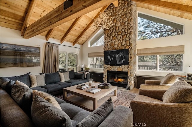 28805 N Shore Rd, Lake Arrowhead, CA 92352 - living room with beamed ceiling, high vaulted ceiling, and wooden ceiling