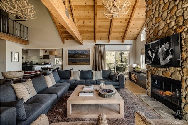 28805 N Shore Rd, Lake Arrowhead, CA 92352 - living area with a fireplace, beam ceiling, wood finished floors, wooden ceiling, and a notable chandelier