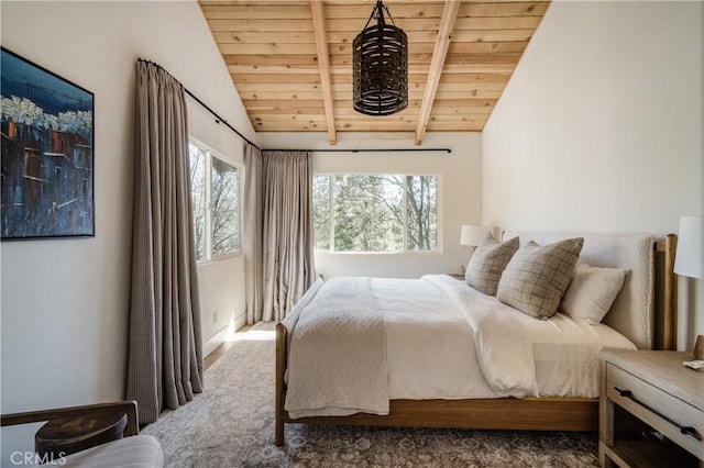28805 N Shore Rd, Lake Arrowhead, CA 92352 - bedroom with vaulted ceiling with beams and wood ceiling
