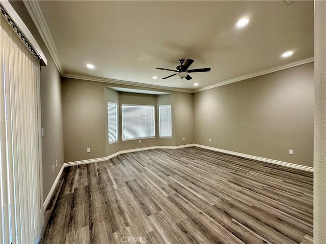 unfurnished room featuring baseboards, ceiling fan, recessed lighting, and wood finished floors