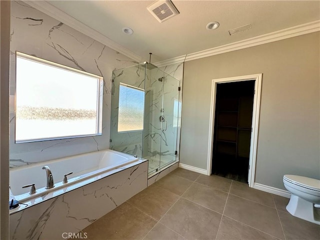 full bath with a marble finish shower, ornamental molding, toilet, and visible vents