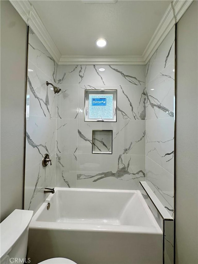 bathroom with crown molding, recessed lighting, shower / bathing tub combination, and toilet