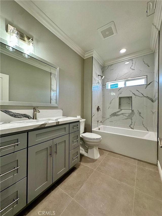 full bathroom with visible vents, crown molding, shower / tub combination, vanity, and toilet