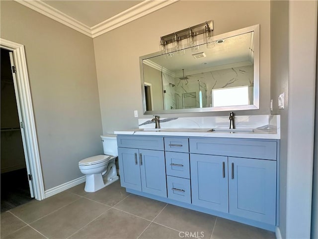 bathroom with double vanity, a shower stall, tile patterned floors, toilet, and ornamental molding