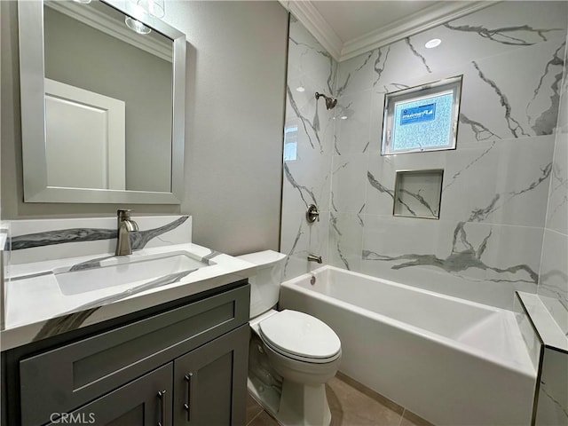 full bathroom featuring vanity, ornamental molding, shower / bathing tub combination, and toilet