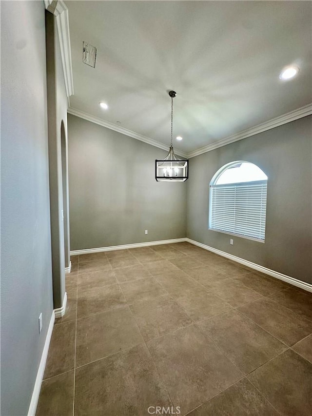 tiled spare room featuring crown molding, baseboards, an inviting chandelier, and recessed lighting