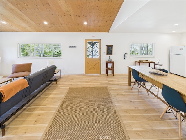 5829 E Whitlock Rd, Mariposa, CA 95338 - living room featuring light wood-style flooring, plenty of natural light, recessed lighting, and wood ceiling
