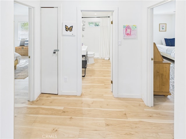 corridor with light wood-style floors, baseboards, and a wealth of natural light
