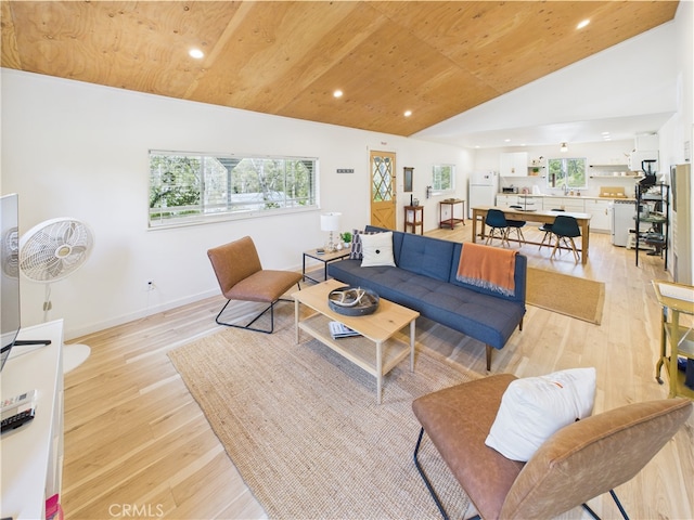 living area featuring recessed lighting, wooden ceiling, light wood-style flooring, and lofted ceiling