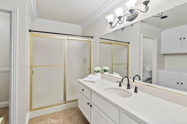 3630 S Bear St Unit 67, Santa Ana, CA 92704 - full bathroom featuring ornamental molding, a shower stall, tile patterned flooring, vanity, and toilet