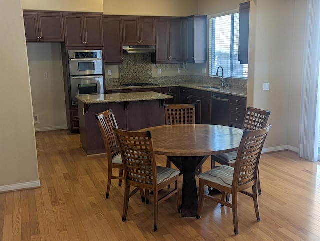 1703 Oconnor Ave, Chula Vista, CA 91913 - kitchen featuring under cabinet range hood, appliances with stainless steel finishes, light wood-type flooring, decorative backsplash, and dark brown cabinets