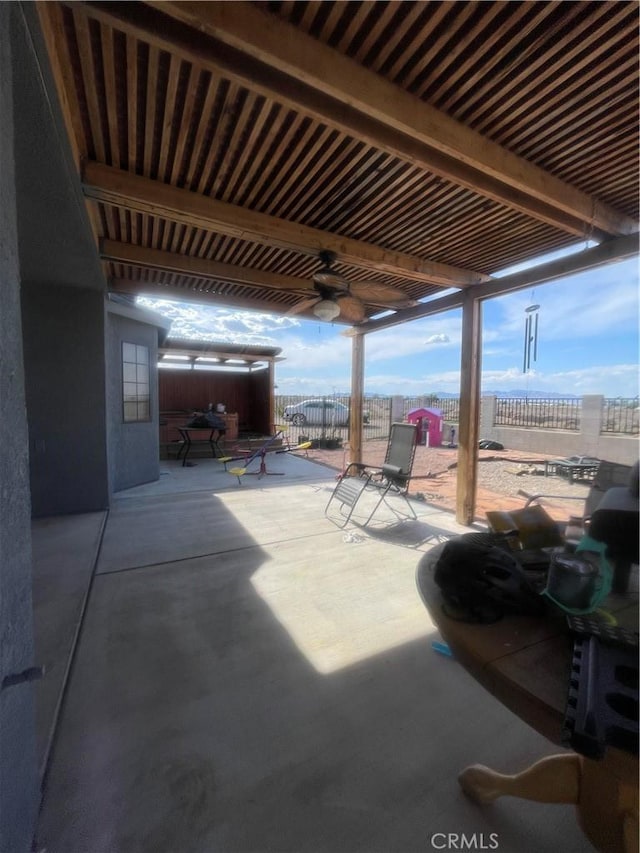 view of patio featuring a ceiling fan and a fenced backyard