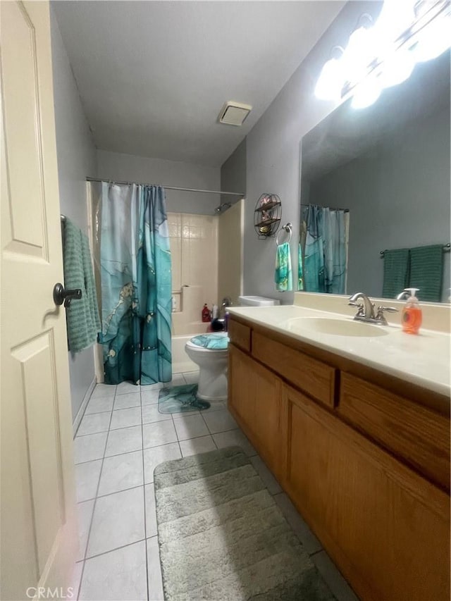 bathroom with visible vents, tile patterned flooring, vanity, toilet, and shower / bathtub combination with curtain