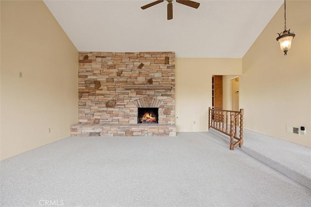 2132 El Dorado St, Los Osos, CA 93402 - unfurnished living room with a fireplace, a ceiling fan, carpet flooring, and vaulted ceiling