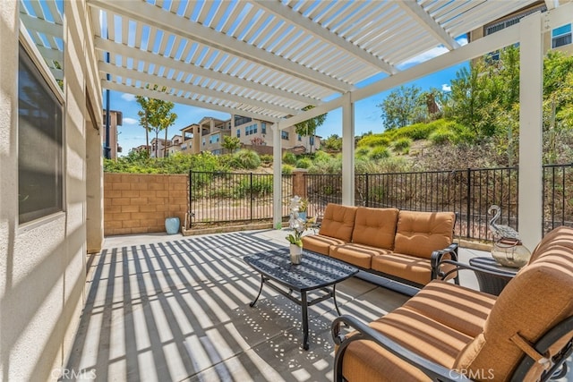 view of patio with fence, a pergola, and an outdoor living space