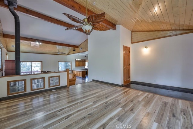 unfurnished living room featuring ceiling fan, lofted ceiling with beams, and wood finished floors